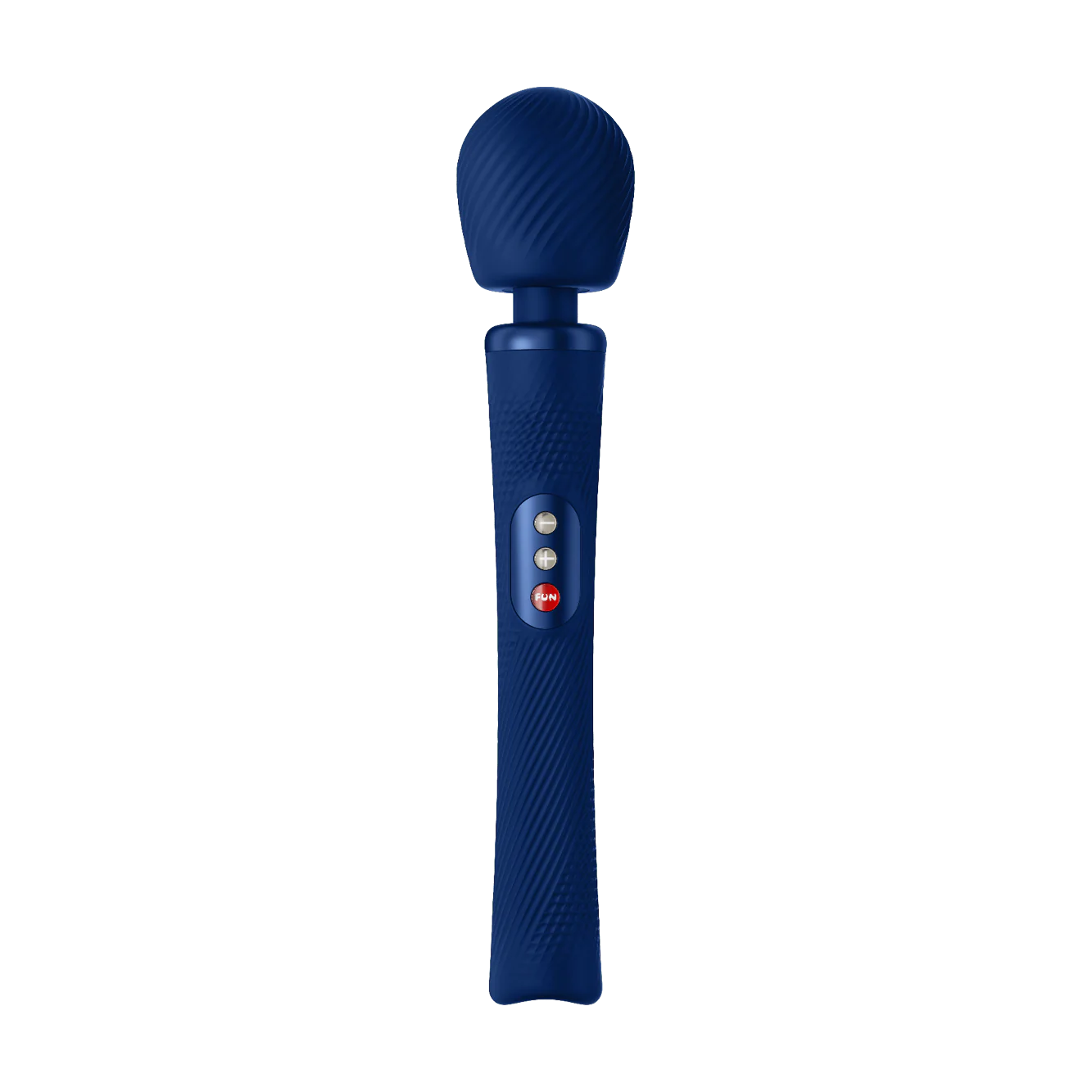 A dark blue wand with verticle ridged texture on the head and texture on the handle for grip. The middle of the handle has a three button interface, one plus button, one minus button, and one on/off button.