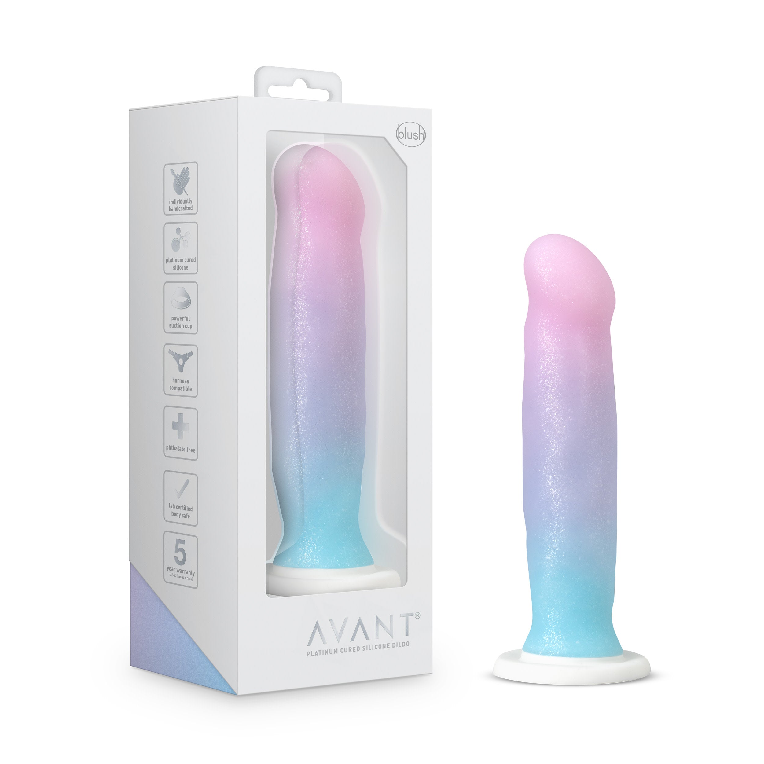 Blush Lucky dildo next to packaging