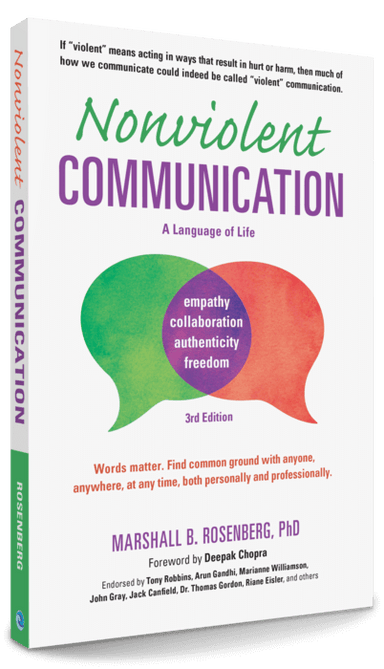 Book cover reading "Nonviolent Communication A Language of Life Empathy Collaboration Authenticity Freedom 3rd edition Words matter. Find common ground with anyone, anywhere, at any time, both personally and professionally. Marshall B. Rosenberg, PhD Foreword by Deepak Chopra Endorsed by Tony Robbins, Arun Gandhi, Marianne Williamson, John Gray, Jack Canfield, Dr. Thomas Goran, Riane Eisler, and others"