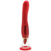 Red vibrator with attached suction pump and tongue stimulator handle upright
