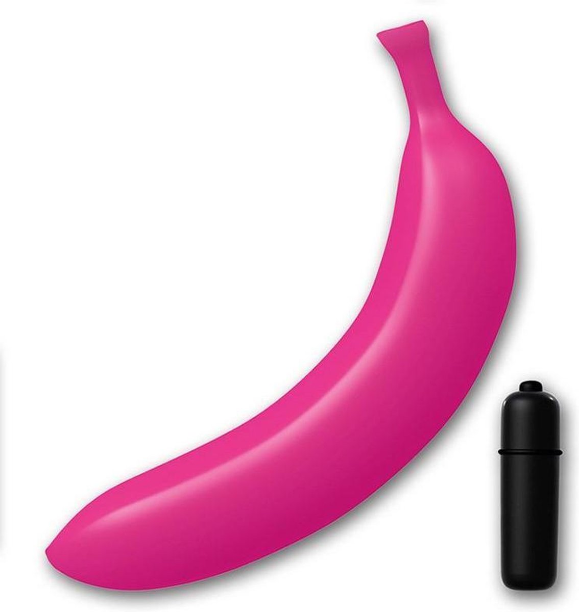 A bright pink banana-shaped dildo is pictured next to a small black bullet vibrator.