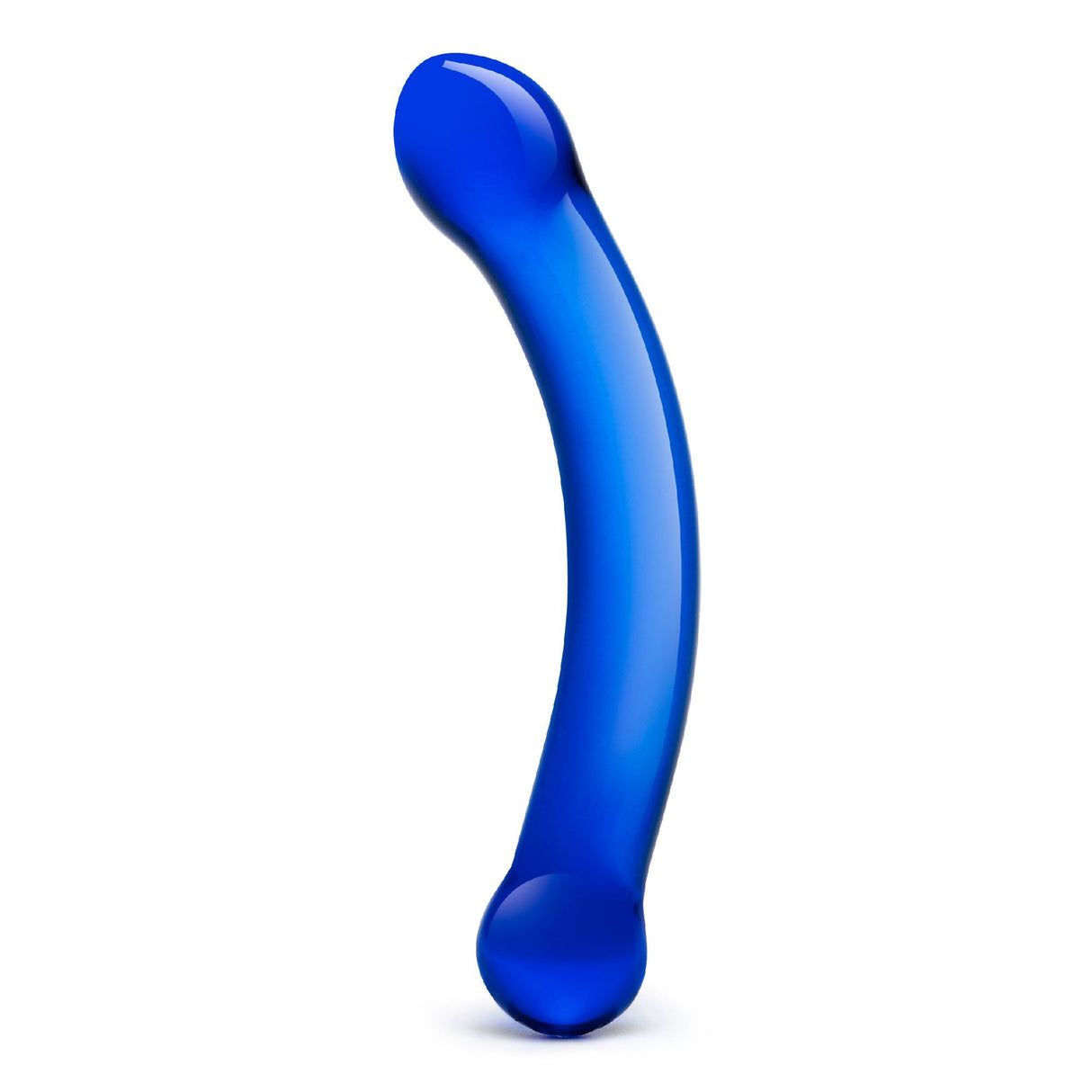 Curved transluscent blue g-spot dildo made of glass on a white background.