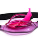 A closer up view of the banana dildo peeking out of a see-through, pink fanny pack with the words "Oh Oui!" on the front.