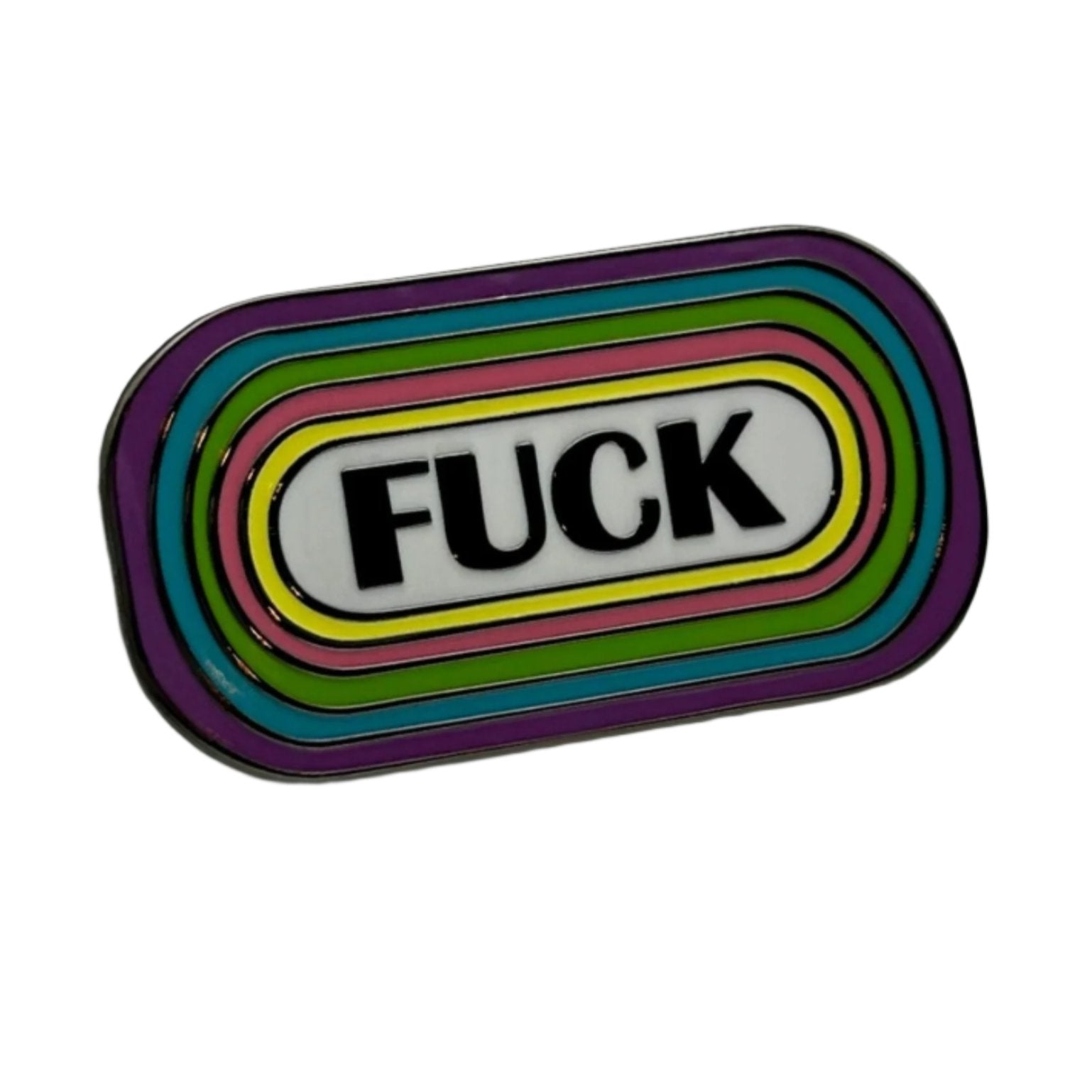 A nickel-plated enamel pin that says "FUCK" in capital lettering. Circling the word is yellow, pink, green, blue, and purple lines.