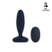 Jordan plug, a navy blue butt plug with a swirl texture on the shaft, pictured next to it's remote. 