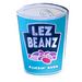 An enamel pin that is shaped like a can of beans. The logo on the can says Lez Beans, and an illustration of baked beans sits under the text. At the bottom of the can are the words "Flickin' good"