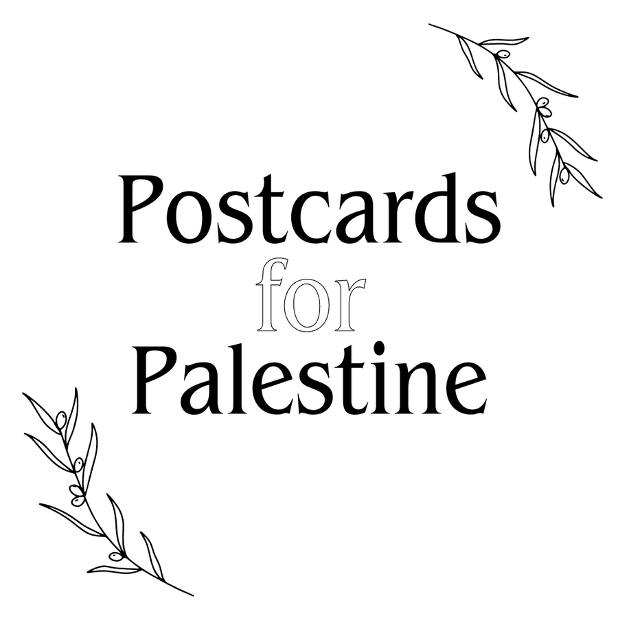 Postcards for palestine graphic, with line drawings of olive branches on each side of the words