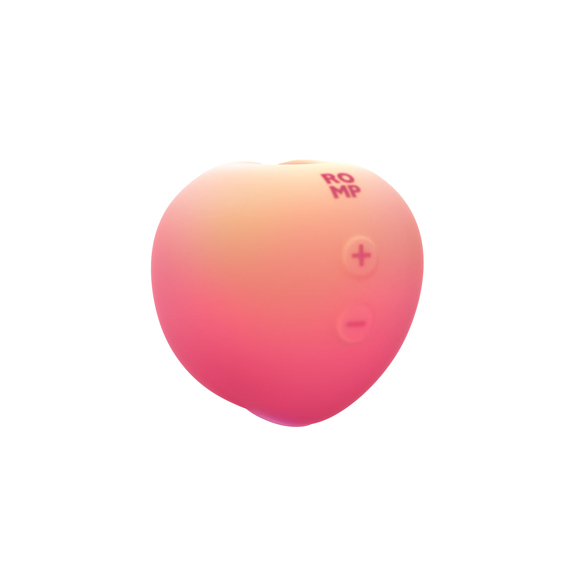 A peach shaped toy with a + and - button for controls 