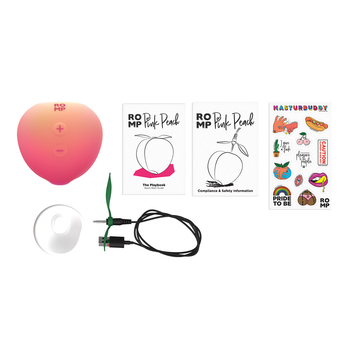 Romp peach and the contents of the box, including a User Manual, Safety information, Sticker sheet, charger, and holder 