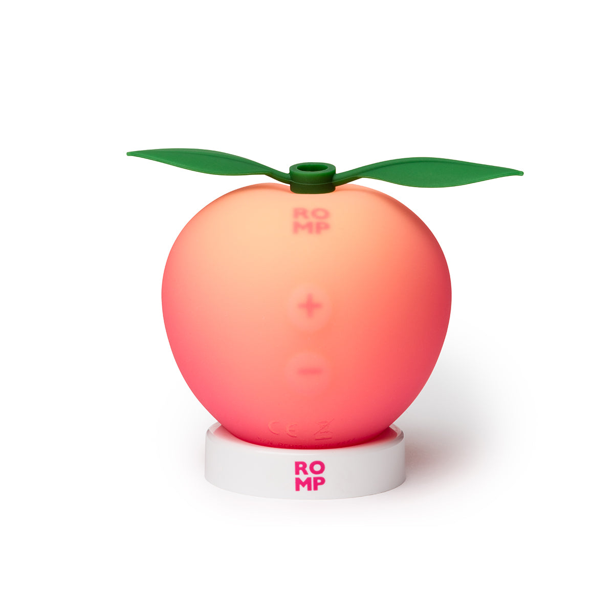Romp peach toy on its holder on a white background 