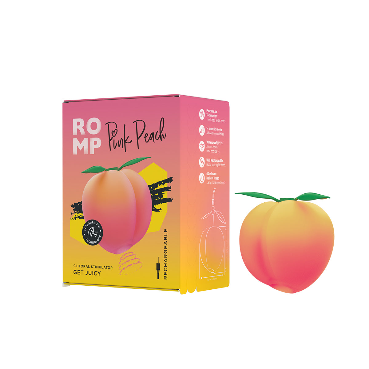 Peach shaped air pulse toy next to its box on a white background 
