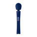 A dark blue wand with verticle ridged texture on the head and texture on the handle for grip. The middle of the handle has a three button interface, one plus button, one minus button, and one on/off button.