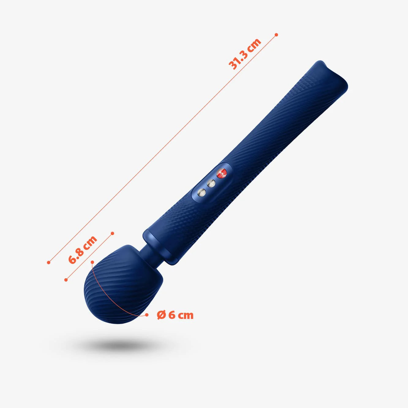 A diagram showing the measurements of the wand. The entire thing is 31.3 centimeters long, the head is 6.8 centimeters long, and the circumference of the head is 6 centimeters.