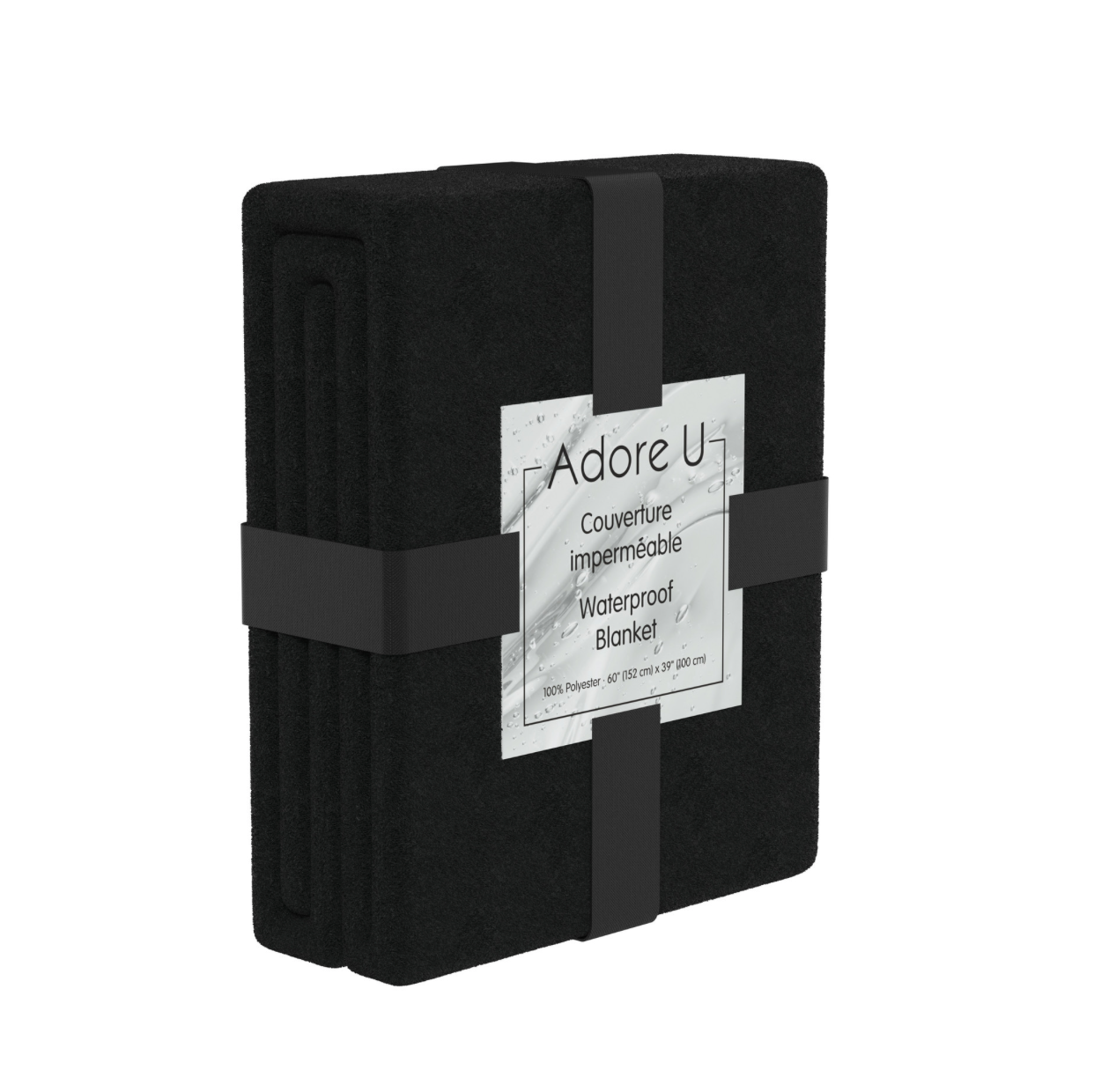 Adore U black waterproof blanket in its packaging. 