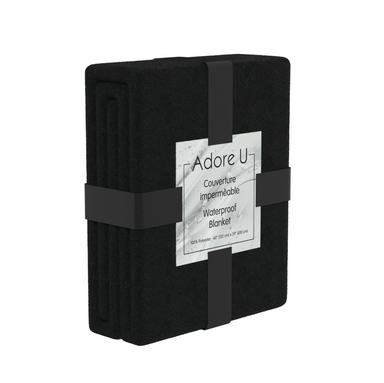 Adore U black waterproof blanket in its packaging. 
