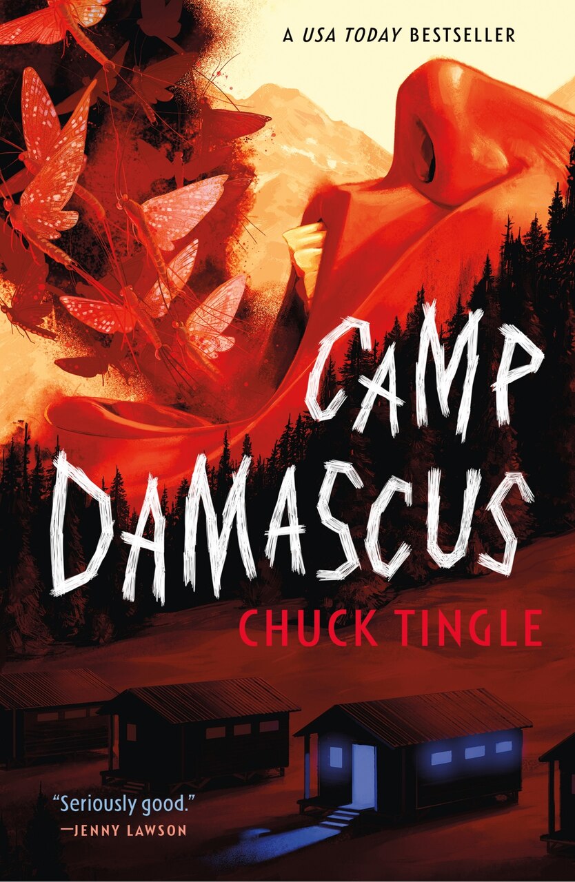 Book cover of 'Camp Damascus' by Chuck Tingle with a design included an illuminated cabin, and a mouth screaming with moths escaping faded in to look like mountains.