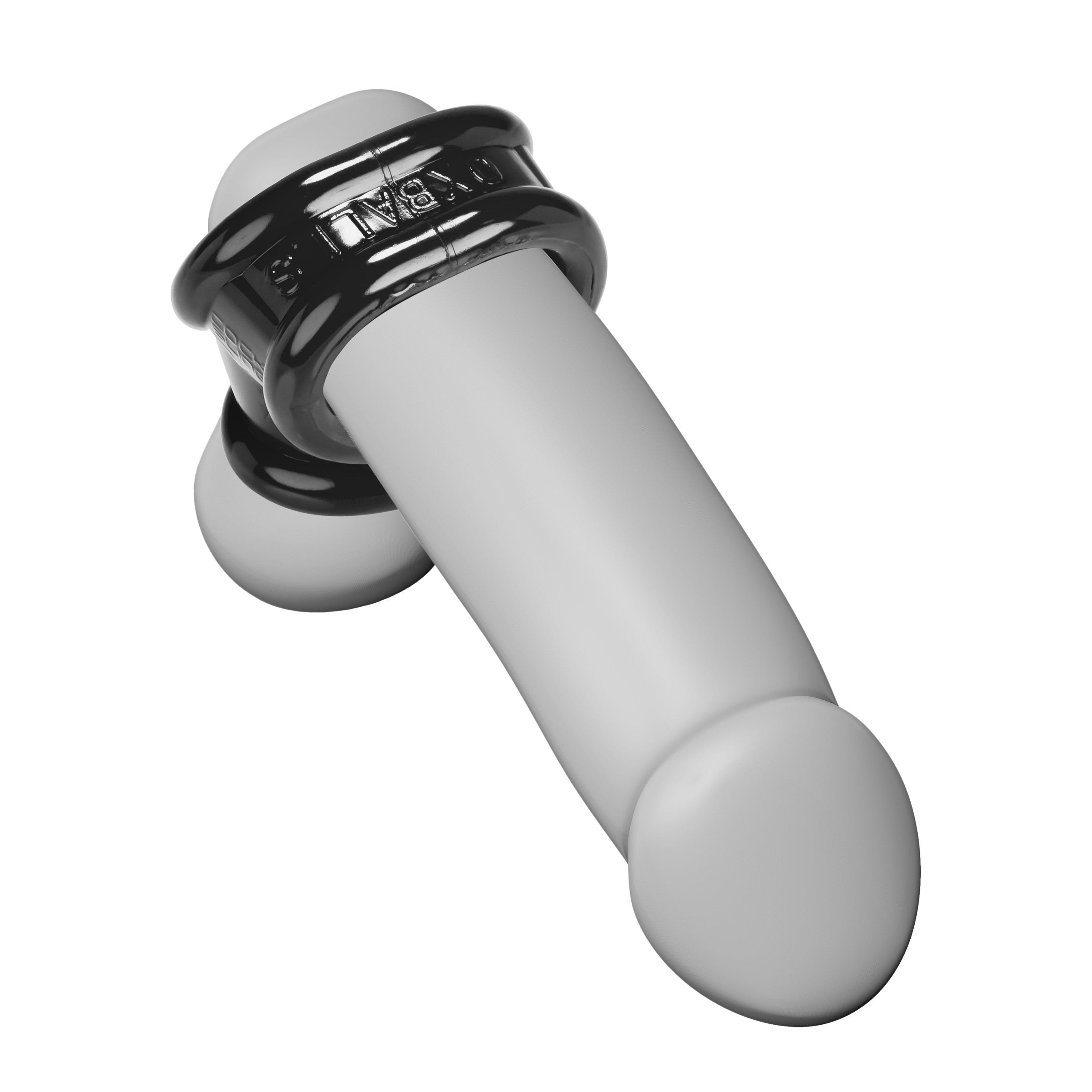 A photo example of the Cocksling on an grey animated penis. The balls and penis both fit through the largest hole, and each come out of the smaller two holes to separate them.