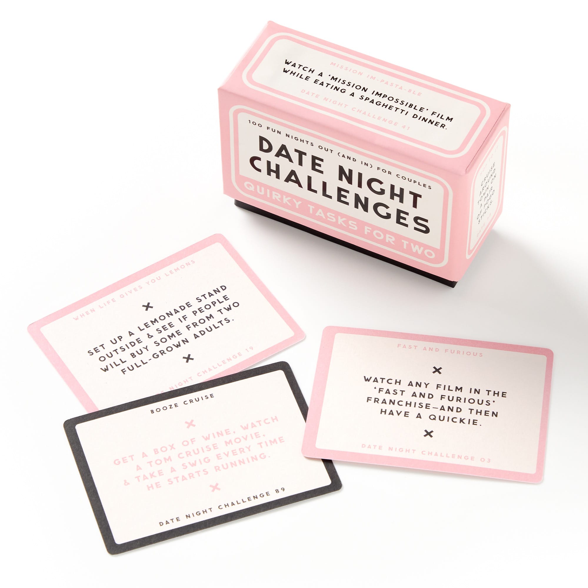 Date Night Challenges box with three cards showing playful couples activities