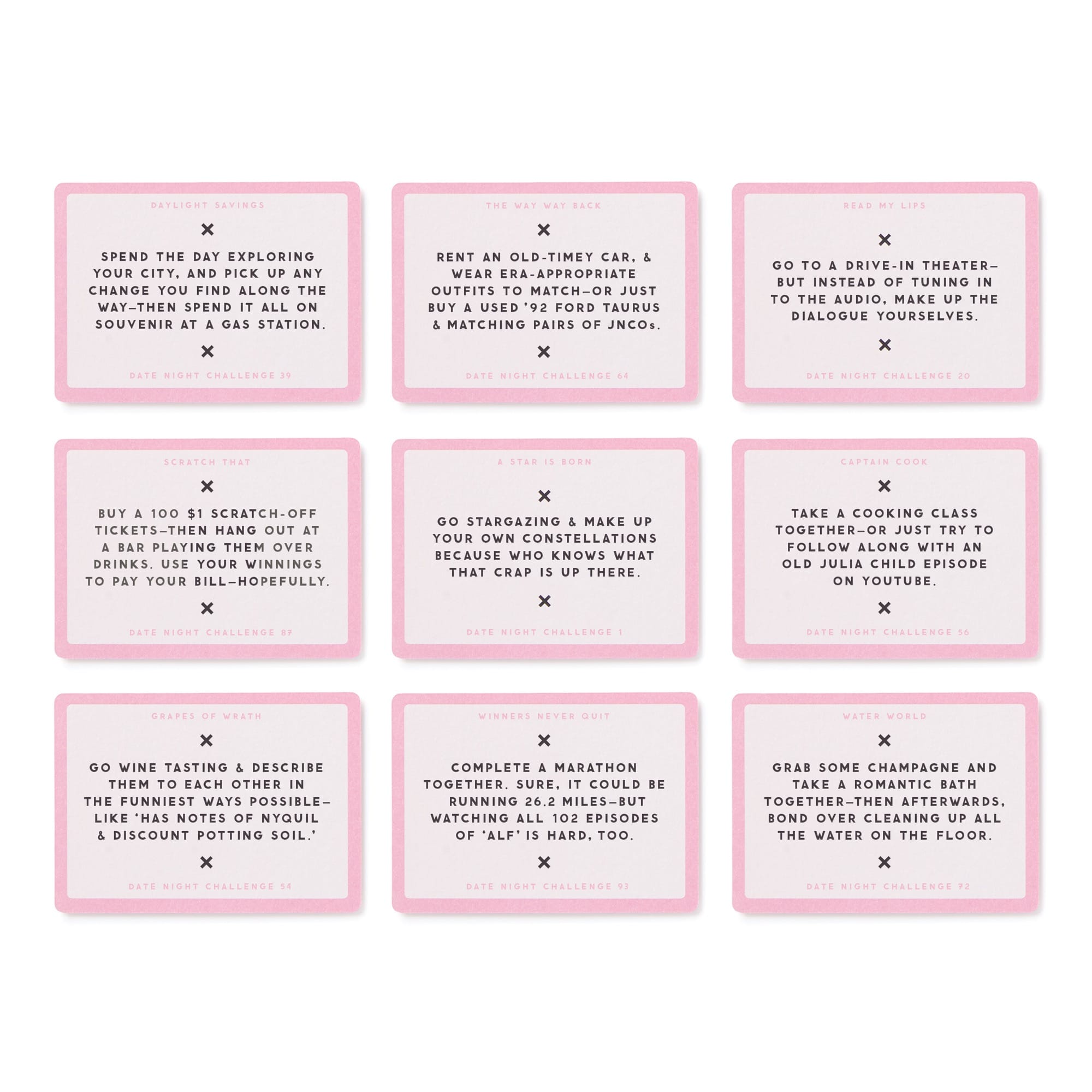 Nine Date Night Challenges cards in a grid with creative couple activity prompts