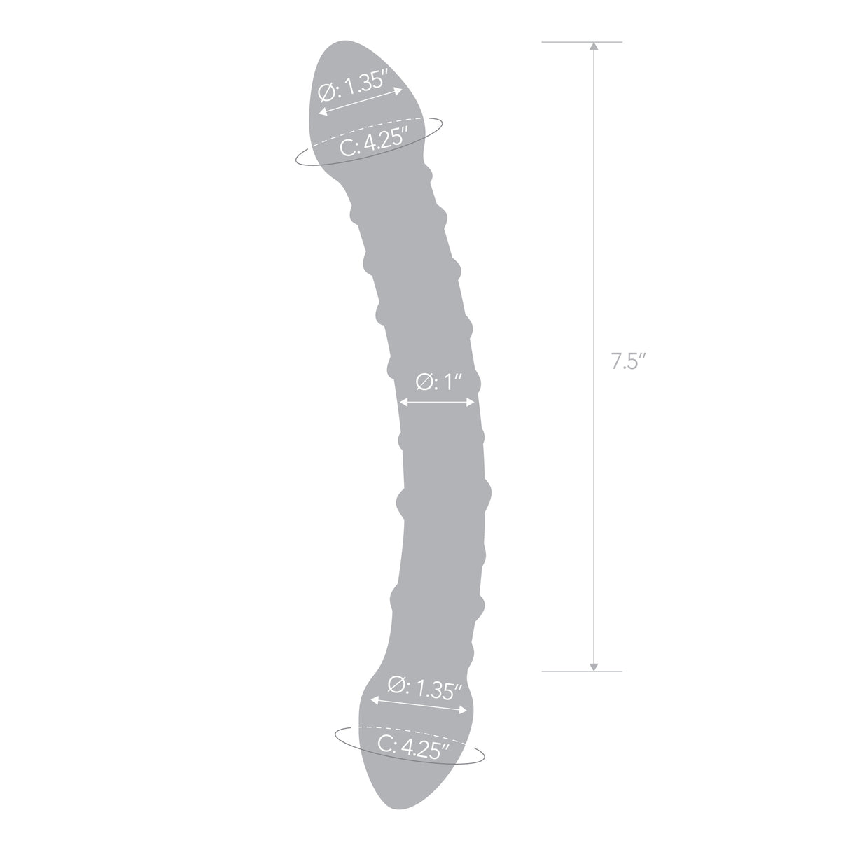 A gray silhouette of the glas double trouble dildo with measurements for length and diameter of shaft and tips. 