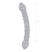 A gray silhouette of the glas double trouble dildo with measurements for length and diameter of shaft and tips. 
