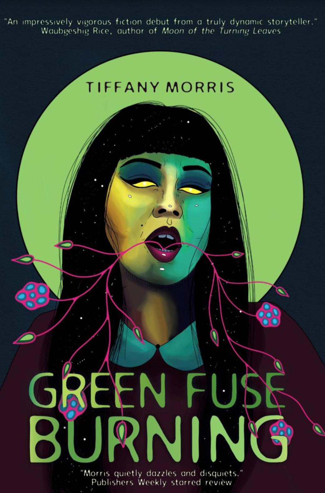 Book cover for 'Green Fuse Burning' by Tiffany Morris, featuring an illustration of a woman with straight dark hair with bangs, glowing yellow eyes, and pink tendrils coming out of her mouth.