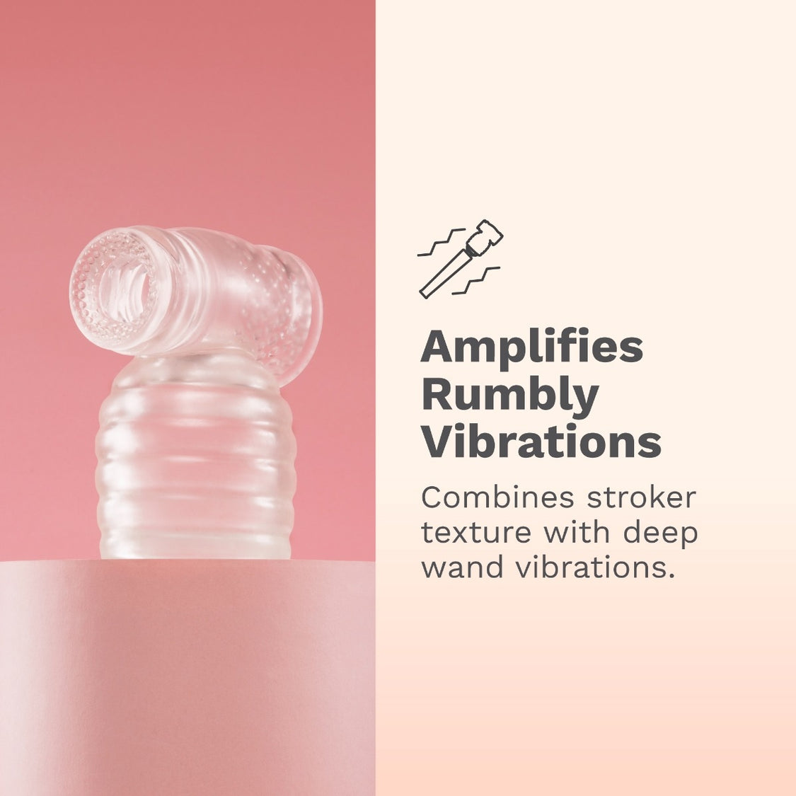 Le wand slider on pink background with text that reads "Amplifies rumbly vibrations, combines stroker texture with deep wand vibrations"