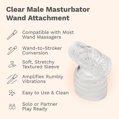 Clear male masturbator wand attachment with features listed on a beige background