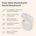 Clear male masturbator wand attachment with features listed on a beige background