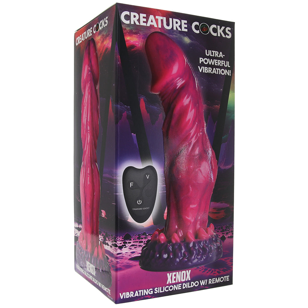 Box of a 'Creature Cocks' product featuring a pink silicone dildo with remote control.