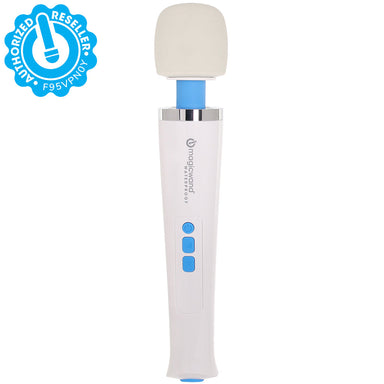 White and blue magic wand waterproof vibrator with a sticker that says "Authorized Reseller"