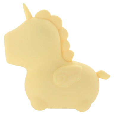 The side view of the unicorn-shaped toy. The toy is a simply-designed unicorn shape with a small wing on the side, a tail, a bumpy mane, a horn, and a closed eye with eyelashes.