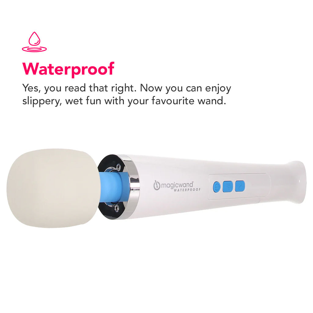 Magic wand waterproof on its side, with pink text above it that reads: Waterproof. Yes, you read that right. Now you can enjoy slippery, wet fun with your favourite wand. 