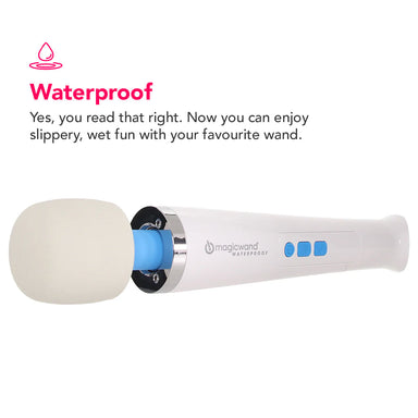 Magic wand waterproof on its side, with pink text above it that reads: Waterproof. Yes, you read that right. Now you can enjoy slippery, wet fun with your favourite wand. 