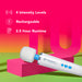 The magic wand on a colourful background with text that reads "4 intensity levels, rechargeable, 2.5 hour runtime"