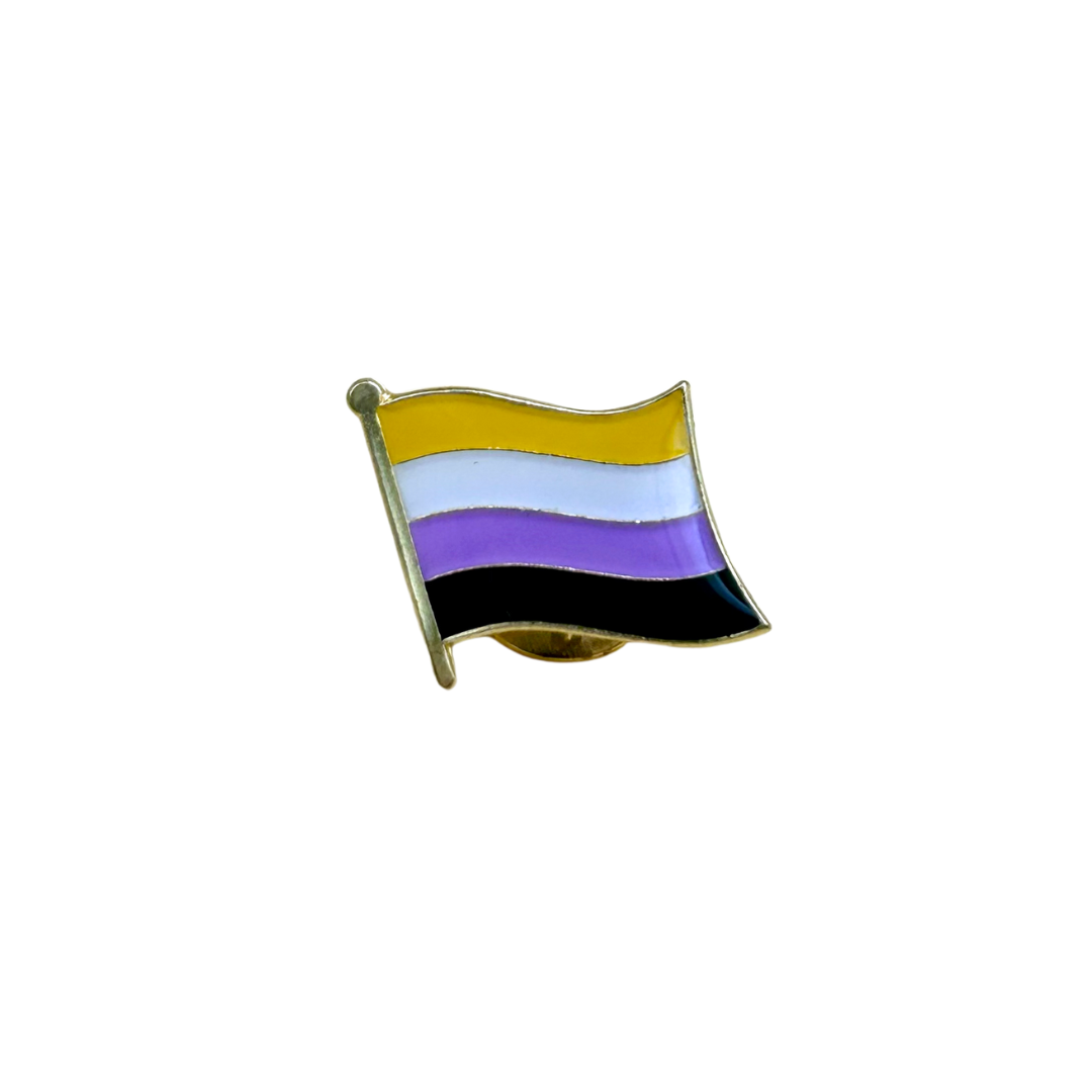 Non-binary pride flag pin with a flag design featuring yellow, white, purple, and black on a white background