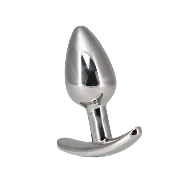 Steel butt plug with t-base on a plain white background