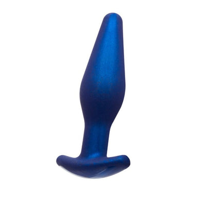 A blue, slightly more bulbous butt plug with a T-base. The neck of the butt plug is more slender than the main part. The main part is about the size of 2 fingers. 