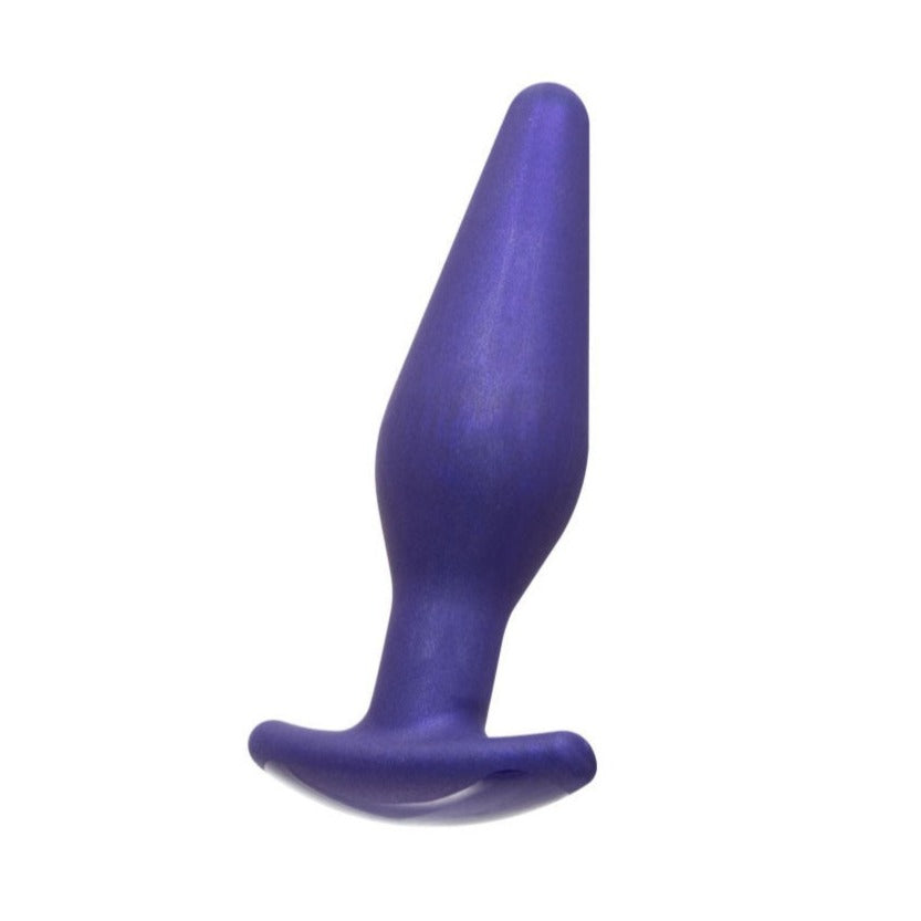 A purple, butt plug with a T-base. The neck of the butt plug is more slender than the main, bulbous part, which is about as wide as 3 fingers.