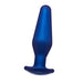 A blue, butt plug with a T-base. The neck of the butt plug is more slender than the main, bulbous part, which is about as wide as 4 fingers.