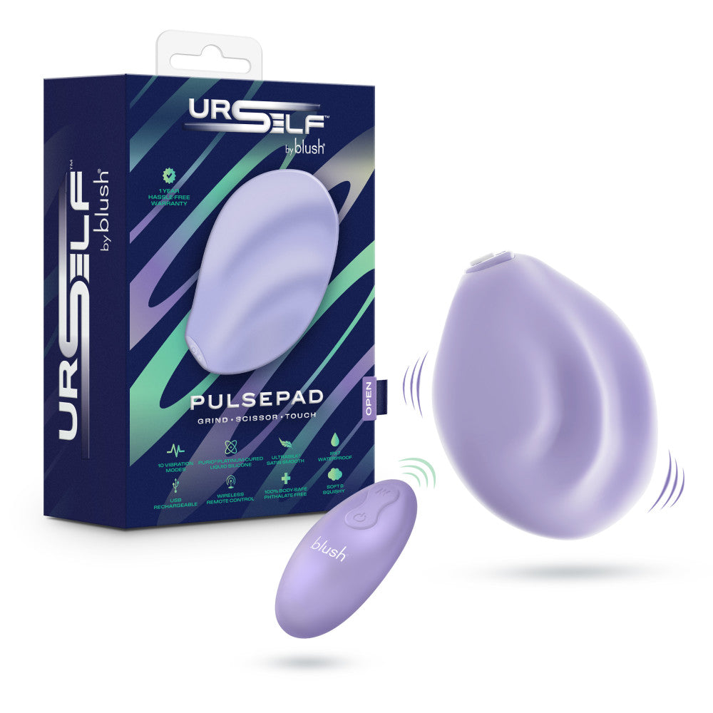 Pulse pad pictured with its remote control and its packaging box. 