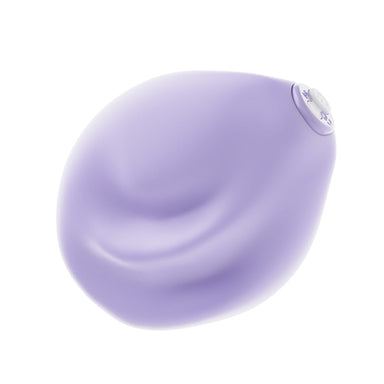 Purple asymmetrical grinding toy with ridged surface made of soft silicone on a white background. 
