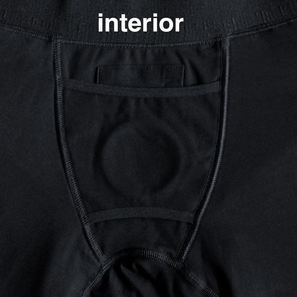 Close-up of the inside of RodeoHs black harness boxers with the o-ring showing on the interior of the boxers. 