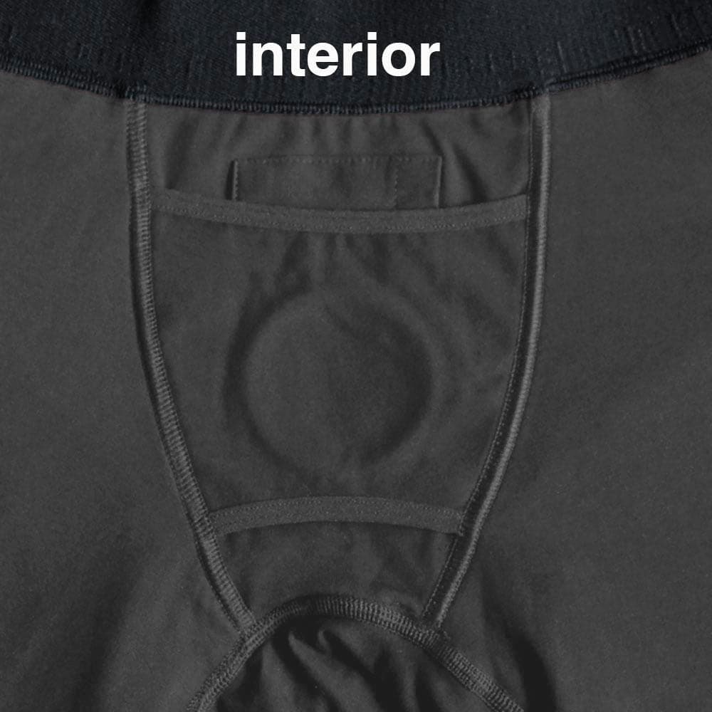 Close-up of the inside of RodeoHs grey harness boxers with the o-ring showing on the interior of the boxers. 