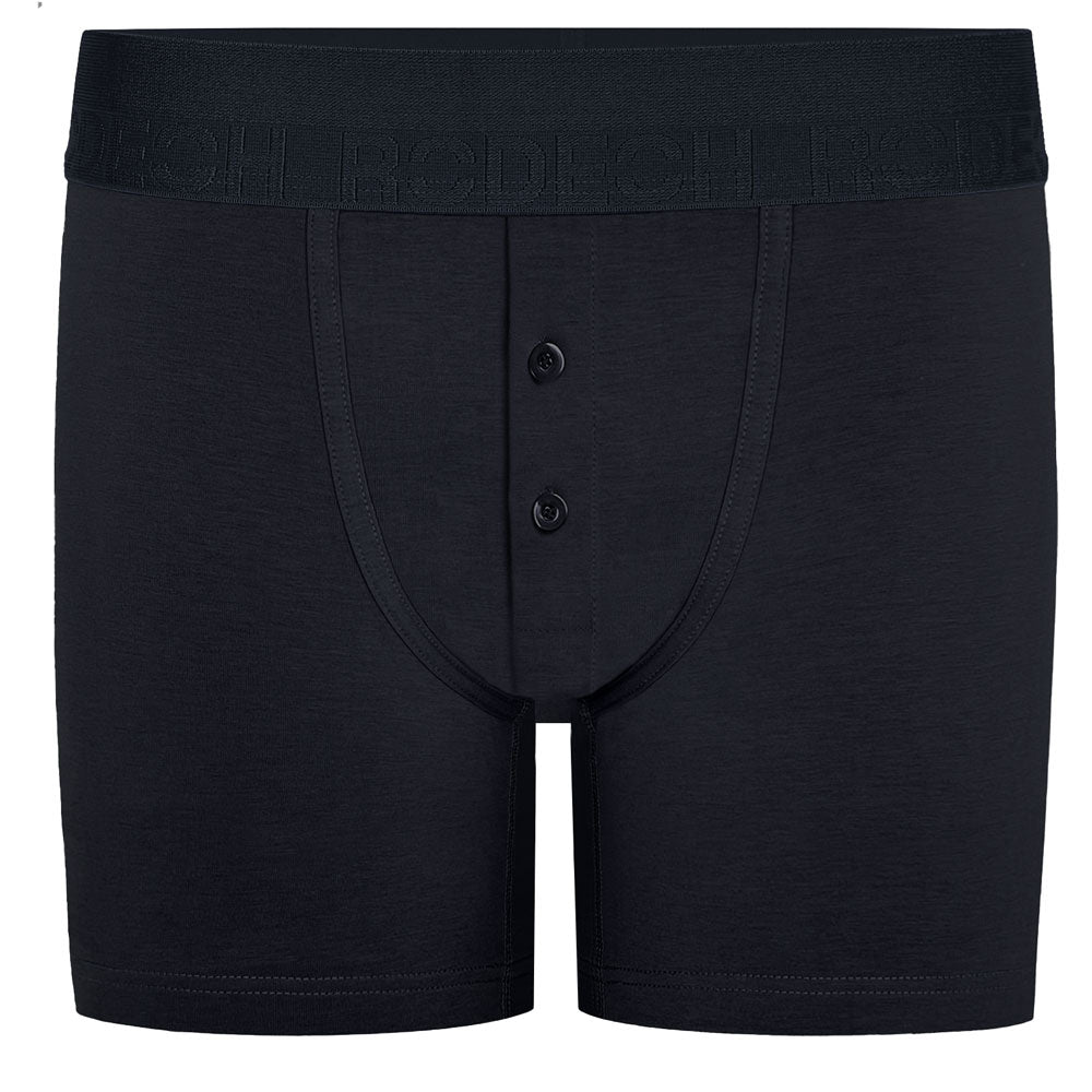 Black boxer briefs with button closure on a white background