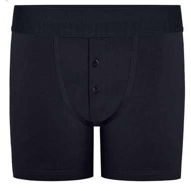Black boxer briefs with button closure on a white background