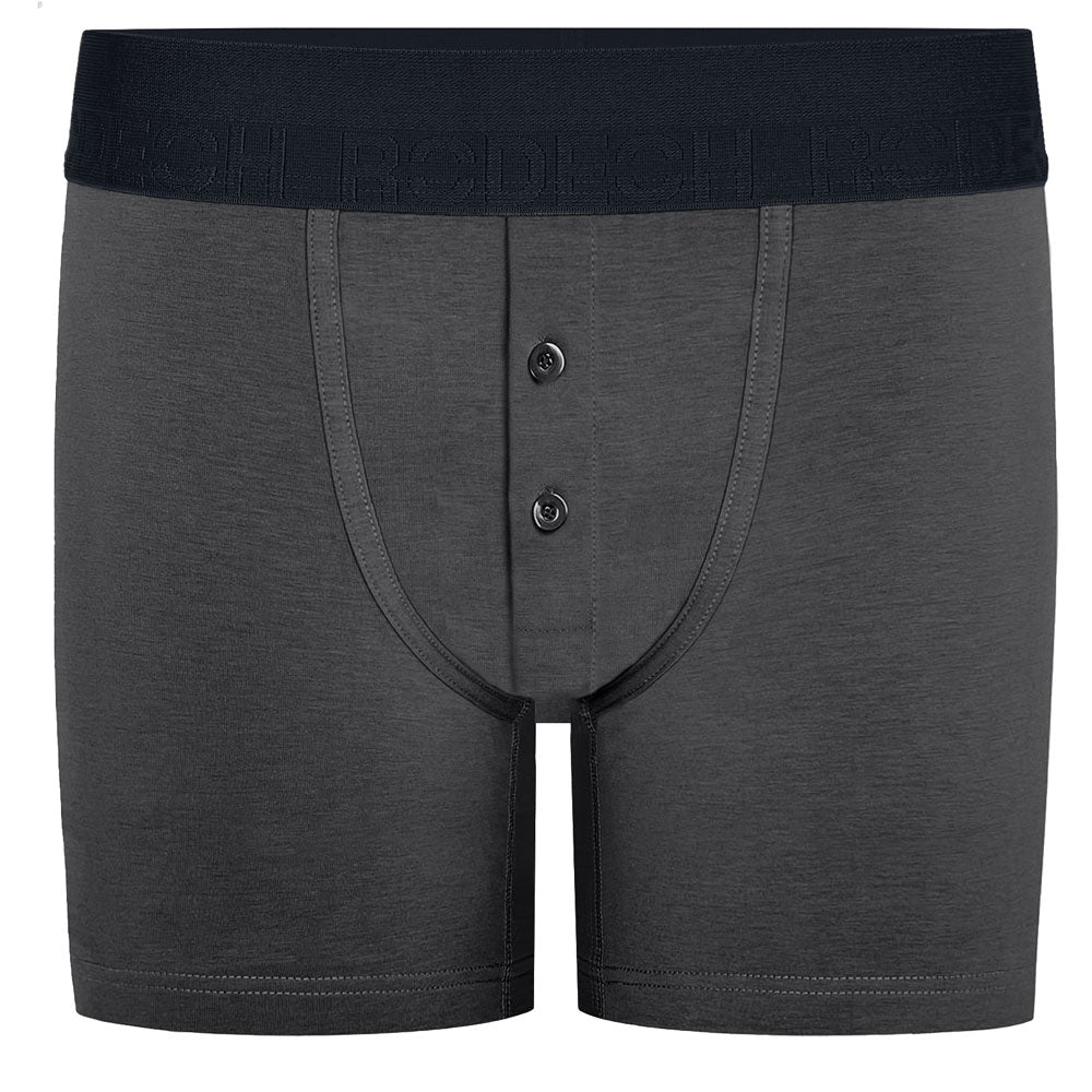 Grey boxer briefs with button closure on a white background