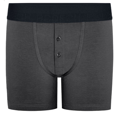 Grey boxer briefs with button closure on a white background