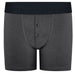Grey boxer briefs with button closure on a white background