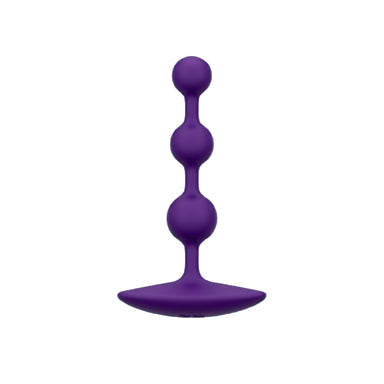 Purple silicone butt plug with 3 graduated beads on a white background